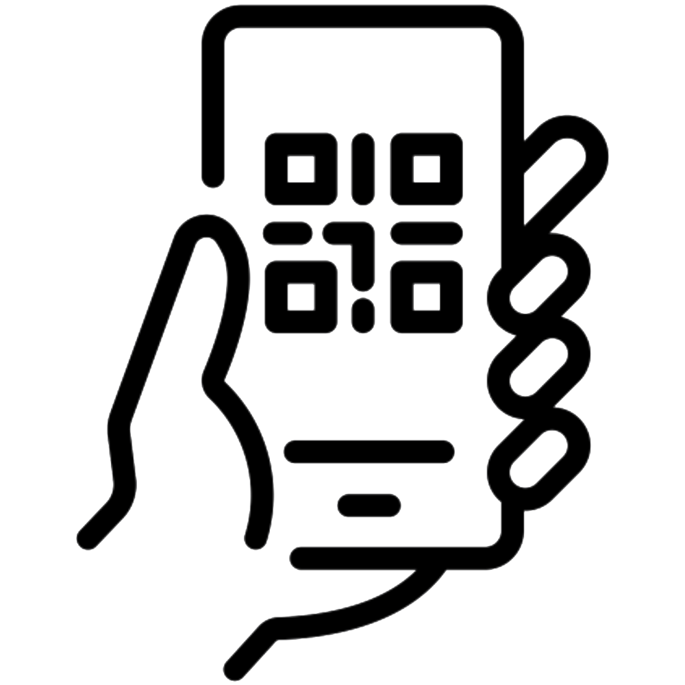 Phone in hand showing a QR code.